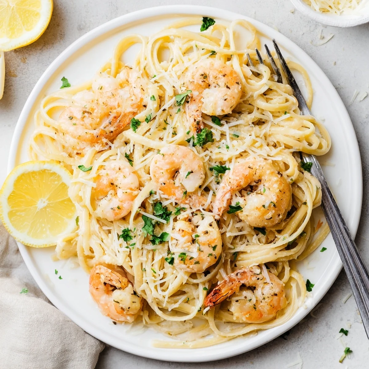 Creamy garlic shrimp scampi pasta dish with succulent shrimp coated in luscious herb sauce