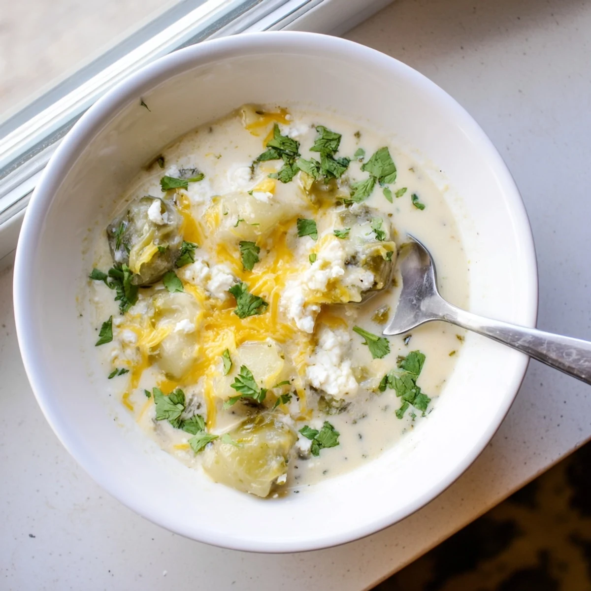 Creamy Chile Relleno Soup topped with melted cheese, roasted poblano peppers, and fresh cilantro