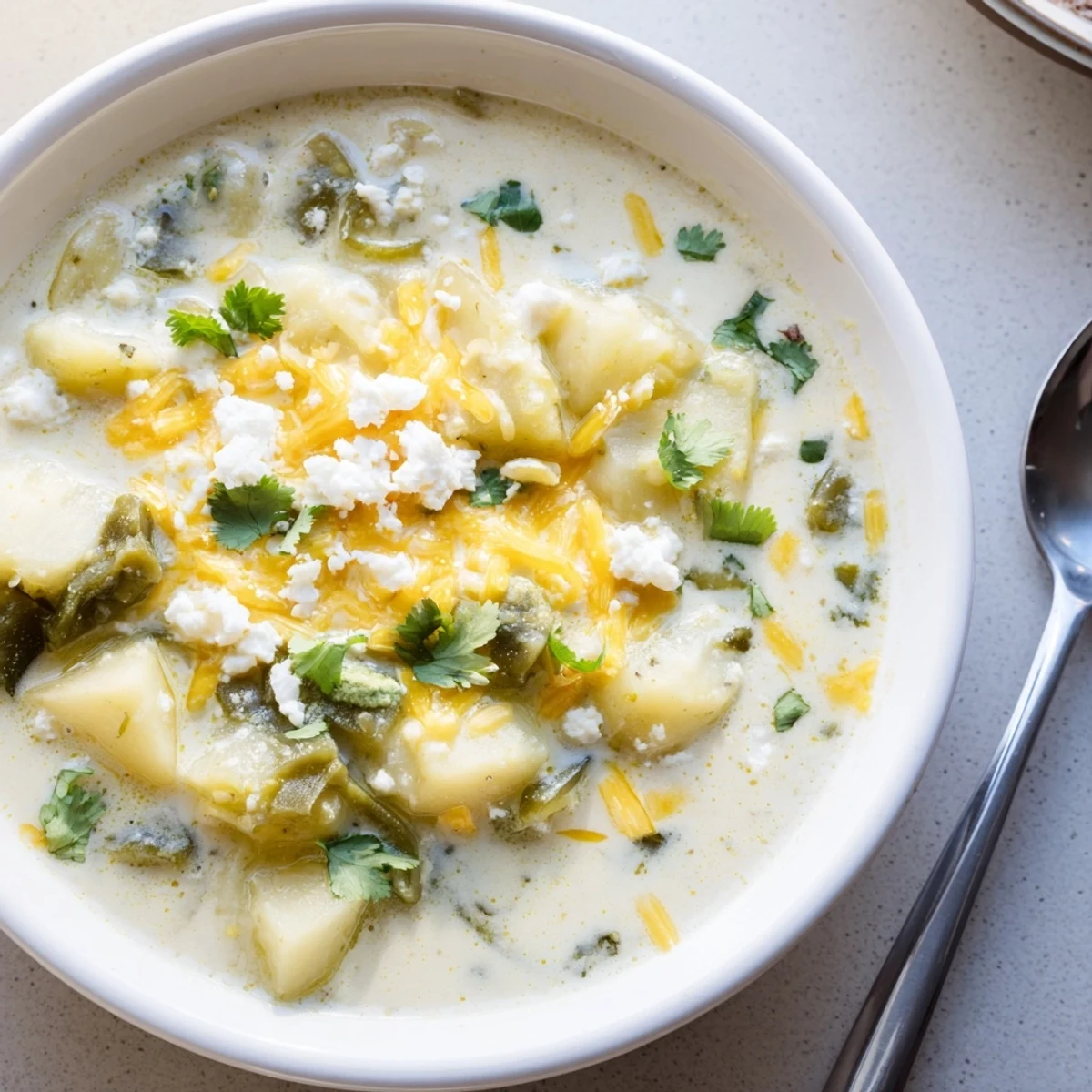 Bowl of Chile Relleno Soup featuring tender potatoes, roasted peppers, and shredded Monterey Jack