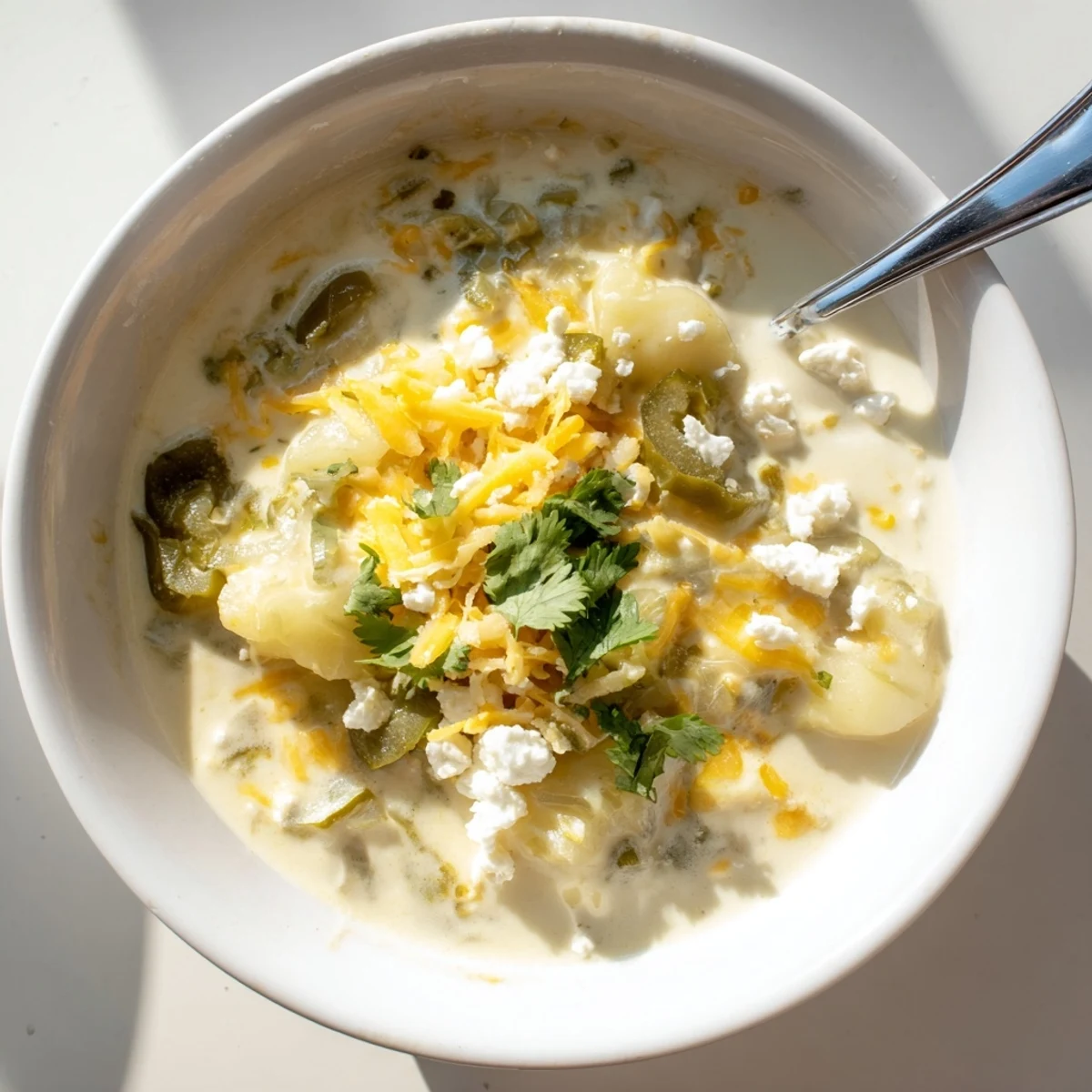 Rich Chile Relleno Soup garnished with tortilla strips, queso fresco, and chopped cilantro