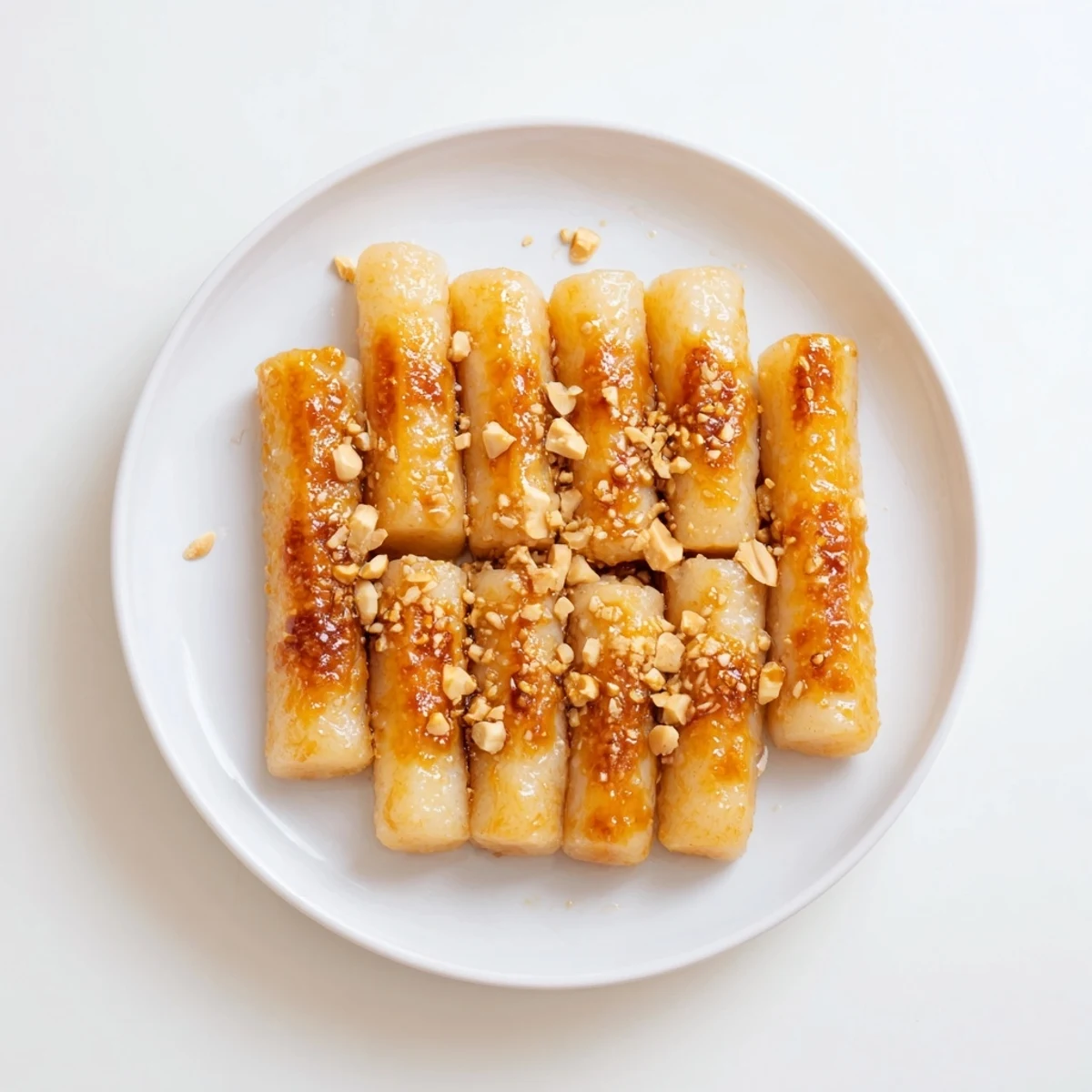 Glossy Korean pan fried rice cakes drizzled with caramelized butter sauce and sesame seeds