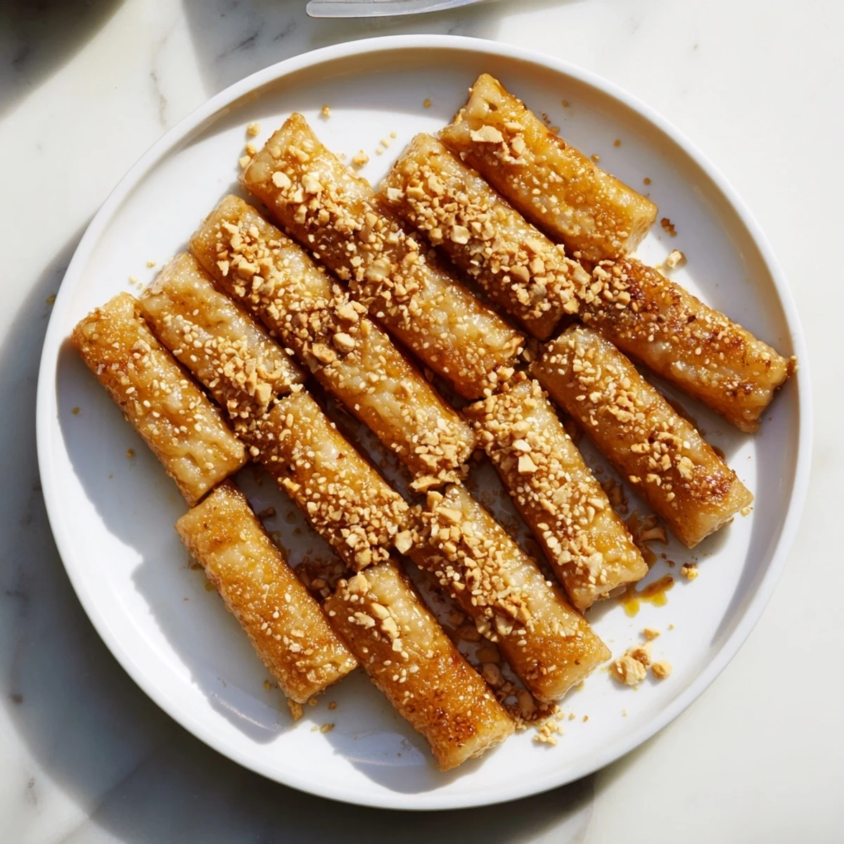 Golden brown Korean rice cakes pan-fried and coated in sweet buttery honey glaze