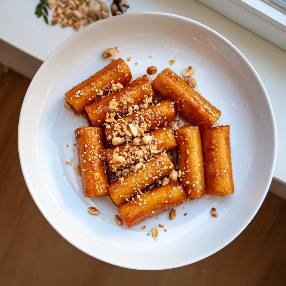 Chewy tteok rice cakes skillet-fried until crispy then tossed in sweet butter glaze