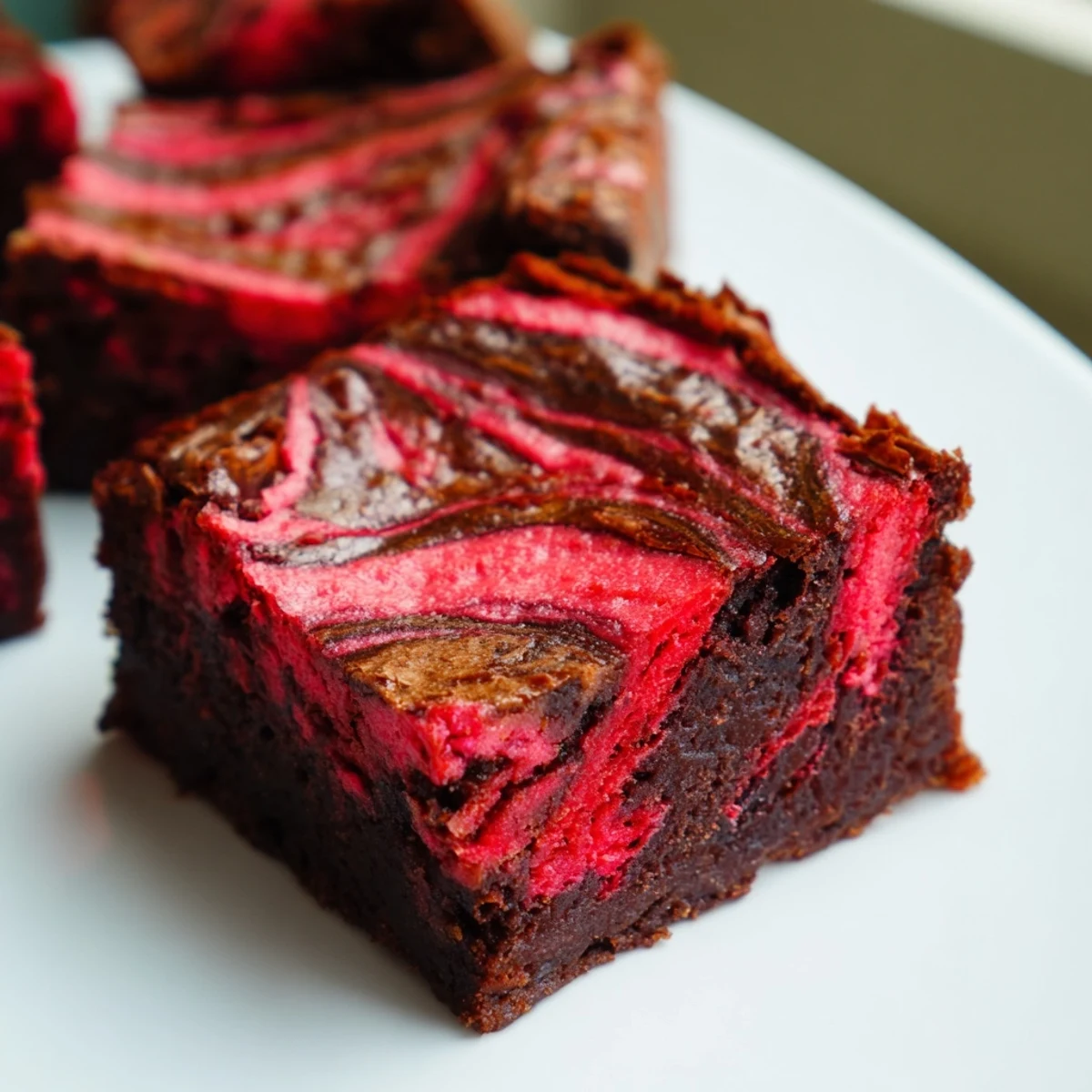 Gooey strawberry brownies with pink ribbons of fresh strawberry puree baked into fudgy chocolate layers