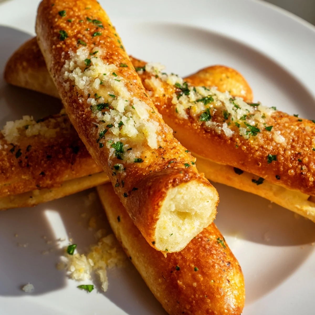 Golden keto garlic butter breadsticks topped with parsley and parmesan on a white baking sheet