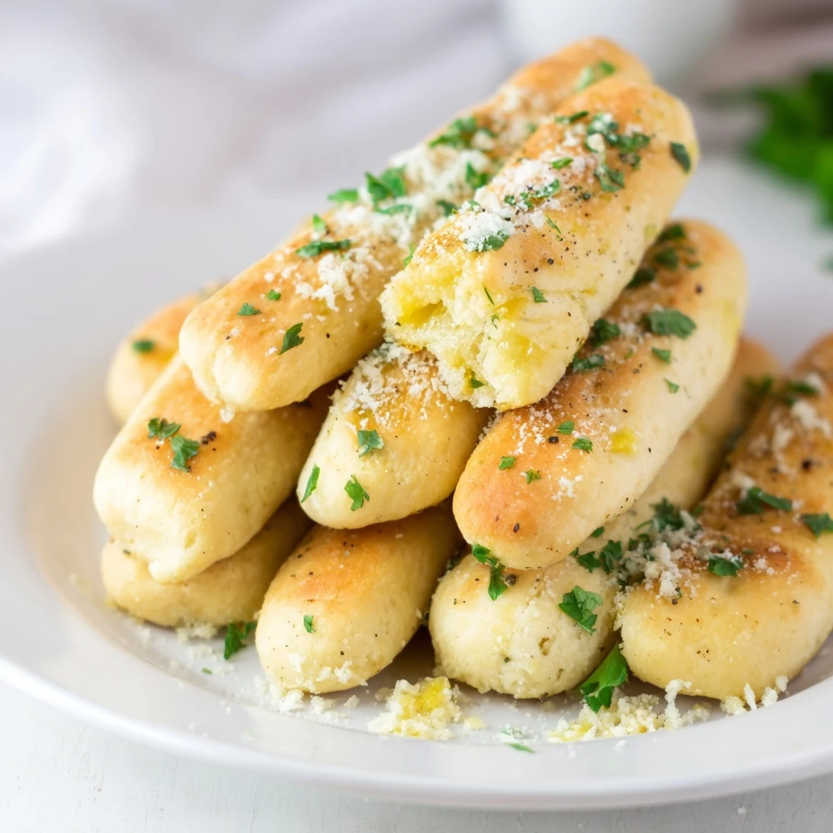 Warm almond flour breadsticks with savory garlic butter coating, sprinkled with grated parmesan cheese