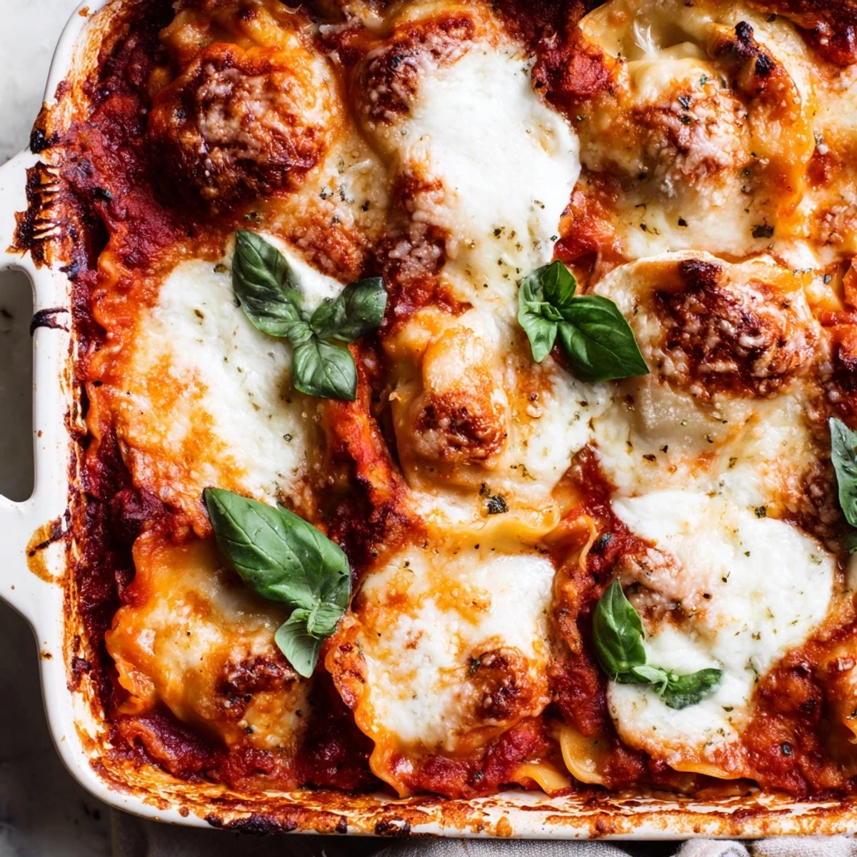 Golden bubbling dumpling lasagna with layers of juicy potstickers, rich marinara, and melted mozzarella cheese