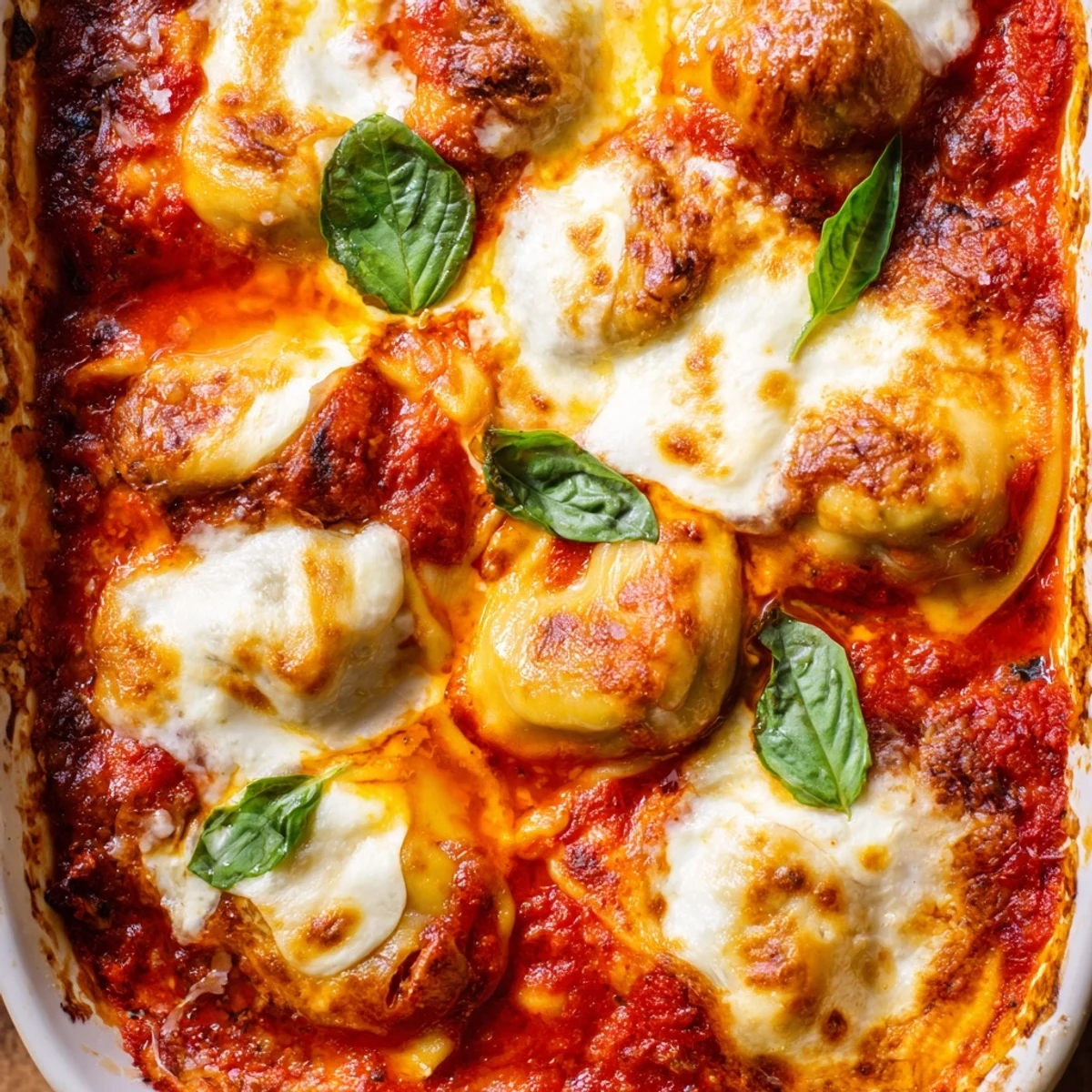 Baked dumpling lasagna casserole with crispy edged dumplings, tomato sauce, and browned Parmesan topping