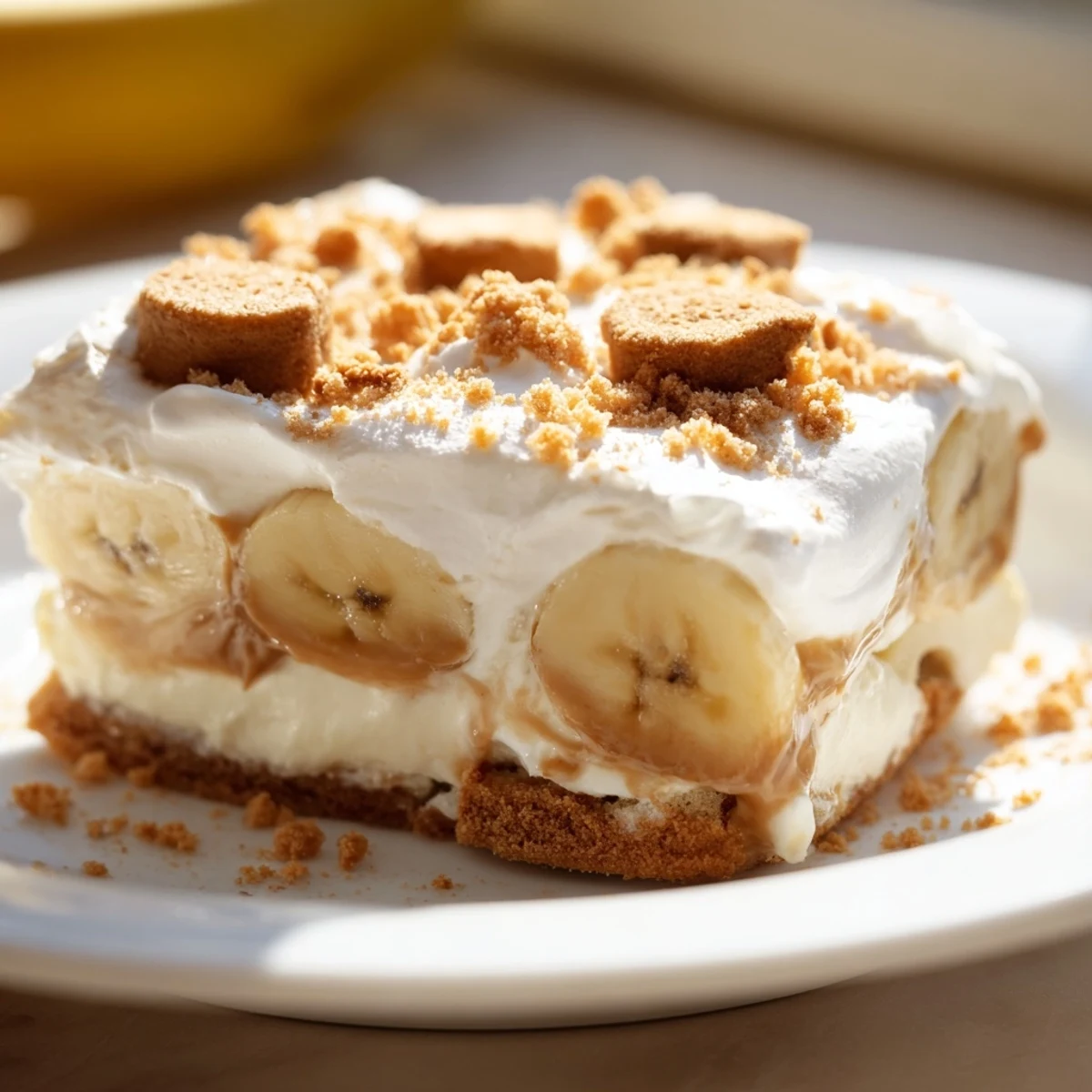 Layered Biscoff banana pudding in a glass trifle dish topped with whipped cream