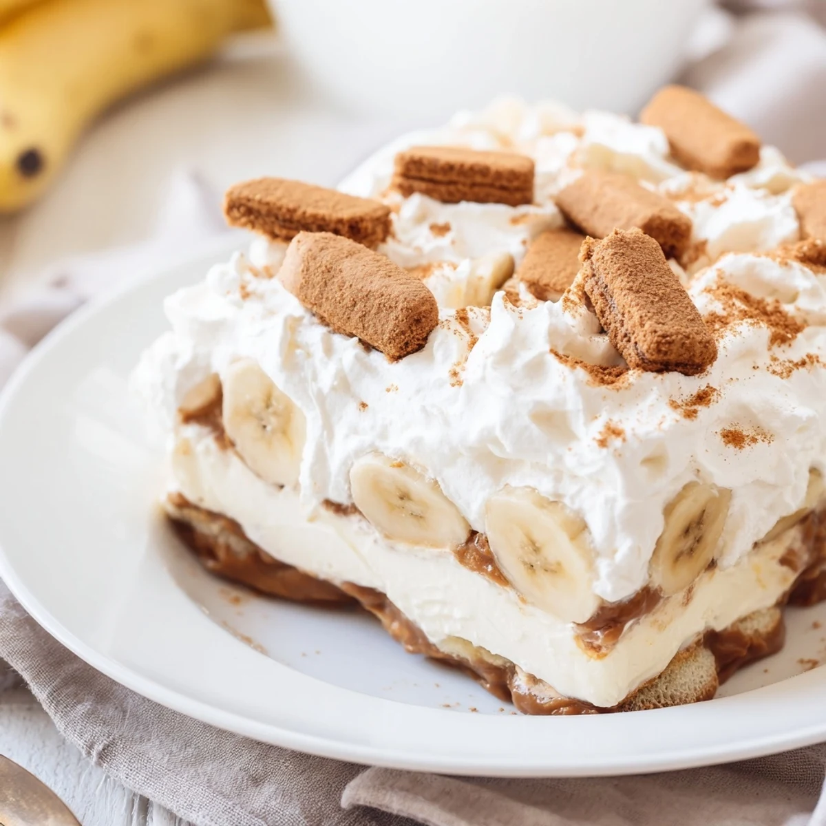Golden Biscoff banana pudding layered in a clear serving bowl with fluffy white whipped topping