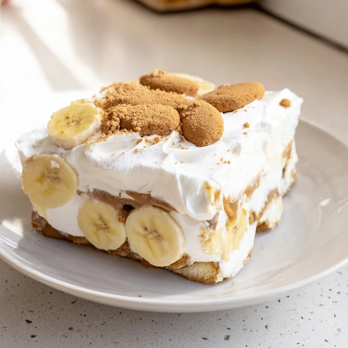 Creamy no-bake Biscoff banana pudding dessert with fresh banana slices and crushed cookies