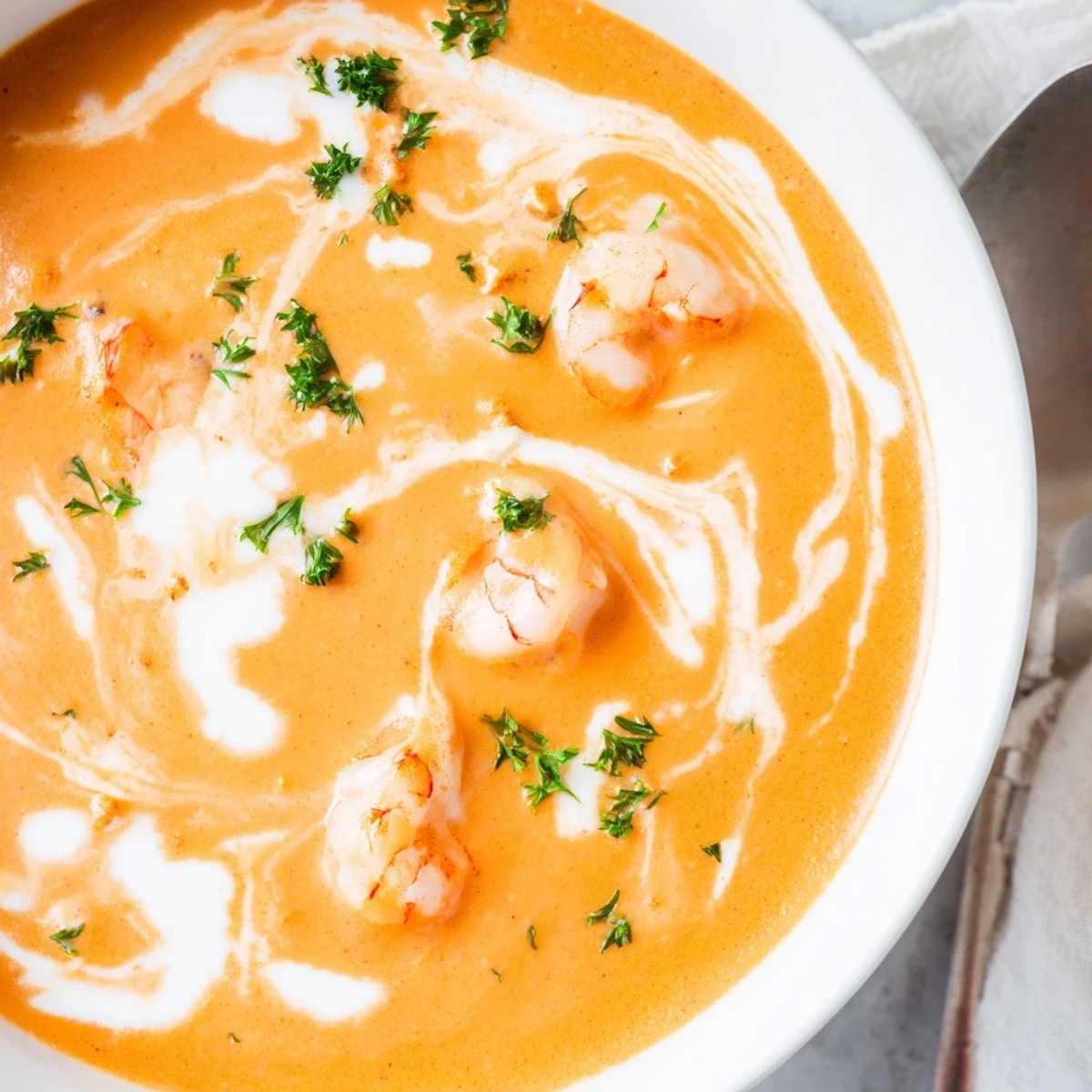 Creamy prawn and lobster bisque served in white bowls with fresh parsley garnish