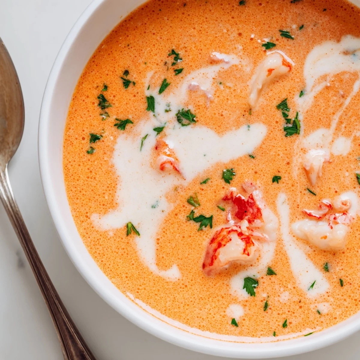 Luxurious French seafood bisque featuring tender prawn and lobster pieces in velvety smooth cream