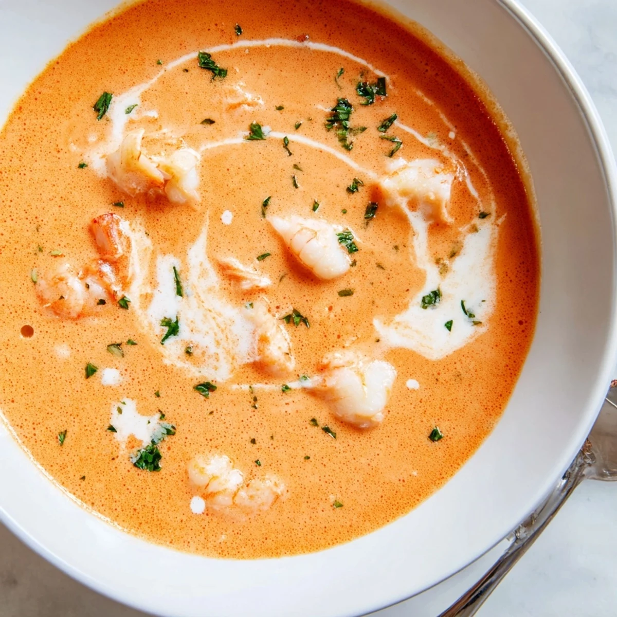 Rich golden-orange prawn and lobster bisque ladled into elegant bowl with green parsley sprinkle