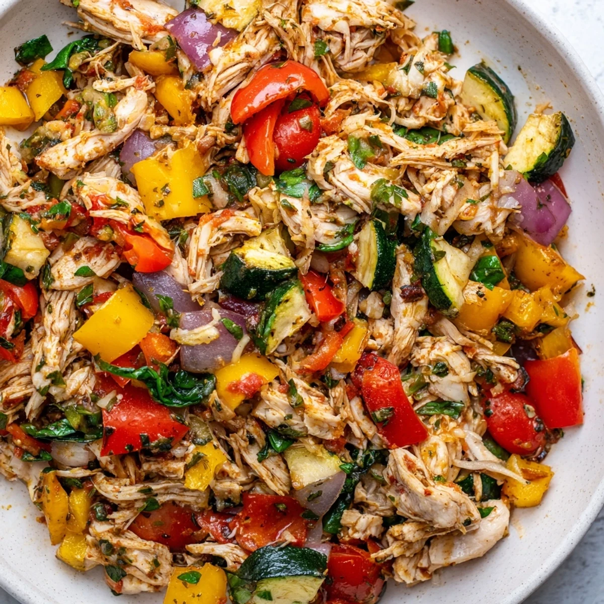 Savory shredded chicken and vegetable skillet featuring cherry tomatoes, aromatic herbs, and melted Parmesan garnish