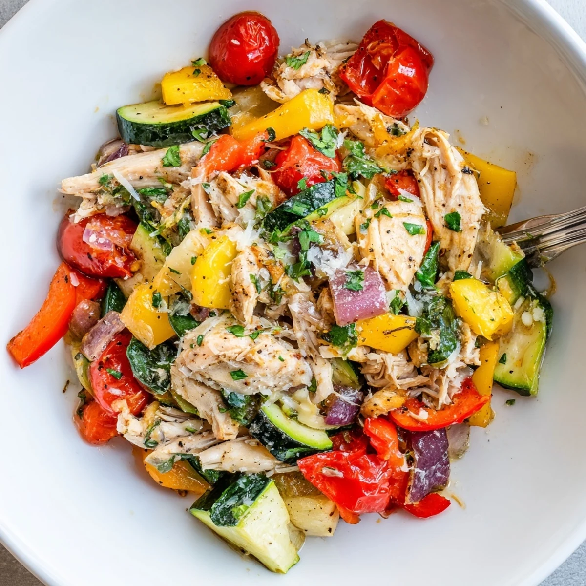 One-pan rotisserie chicken dinner with tender seasonal vegetables cooked in olive oil and Italian seasoning