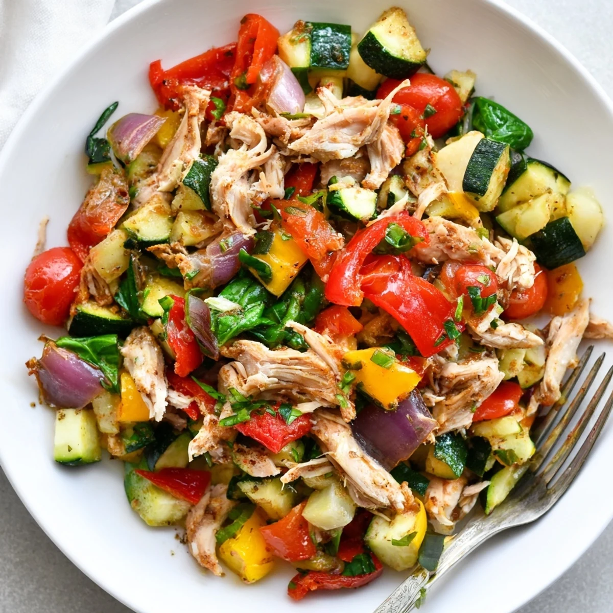Golden rotisserie chicken simmered with colorful bell peppers, zucchini, and fresh spinach in a skillet