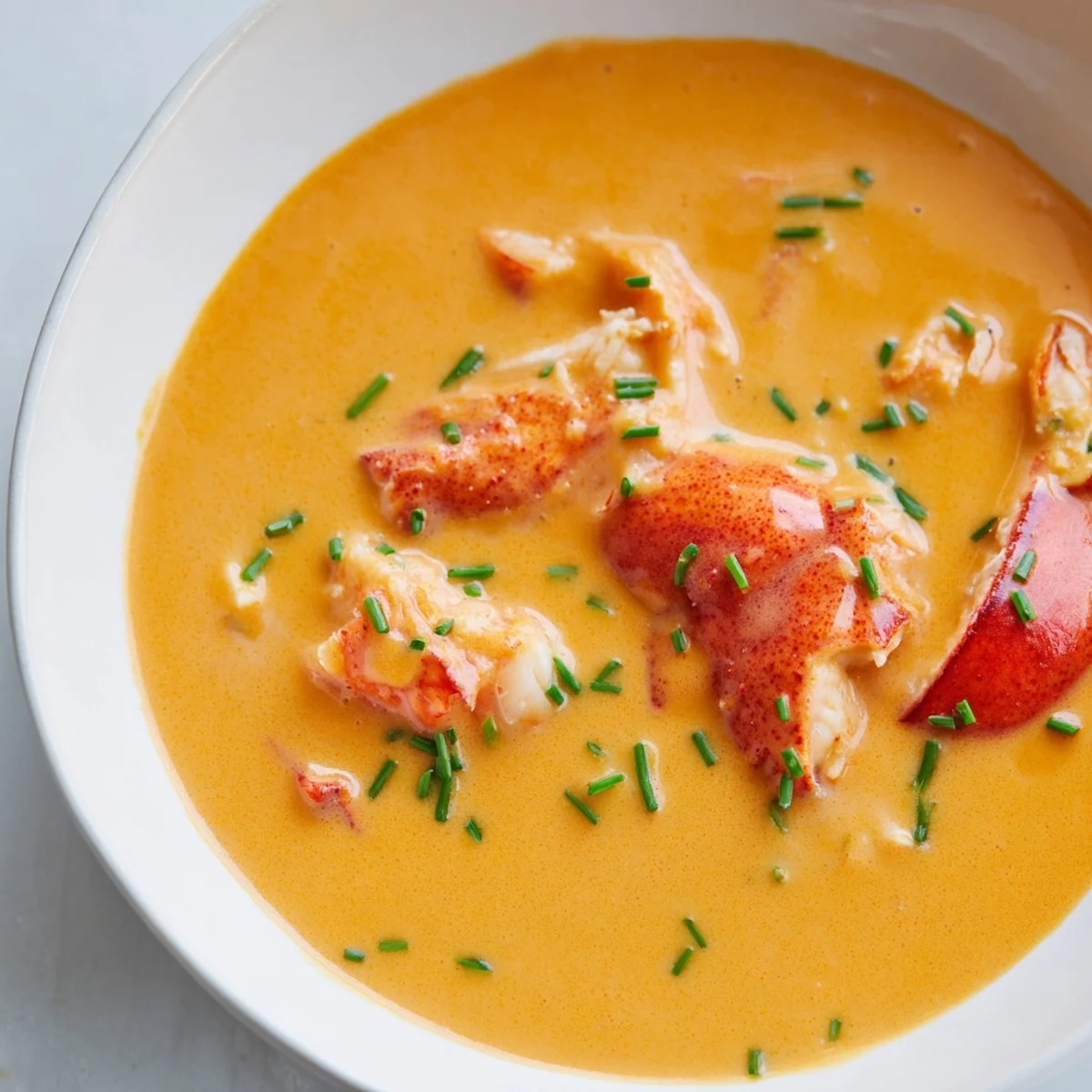 Creamy lobster bisque with tender chunks of lobster meat garnished with fresh chives