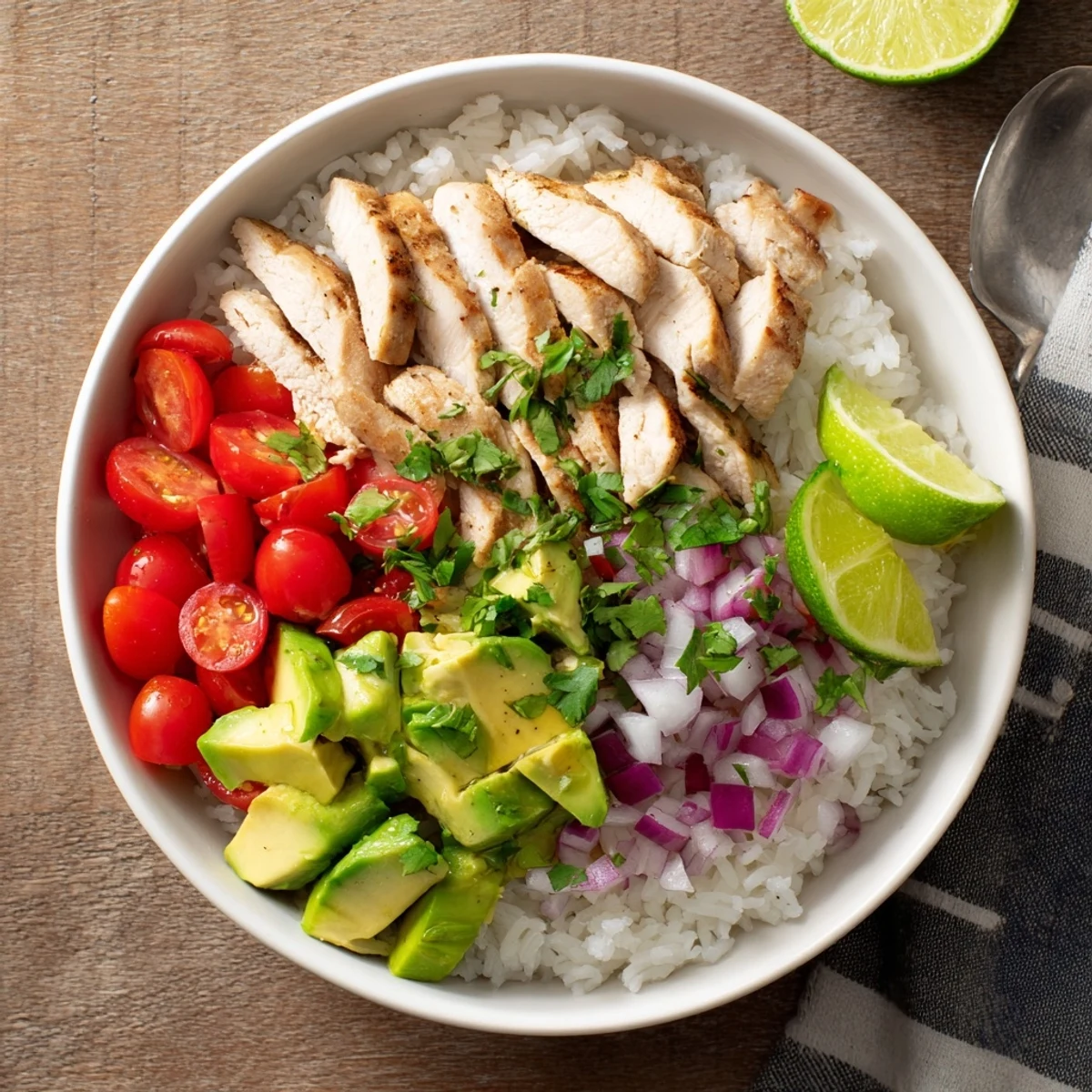 Tender honey glazed chicken served with fluffy rice creamy avocado and zesty lime wedges for garnish