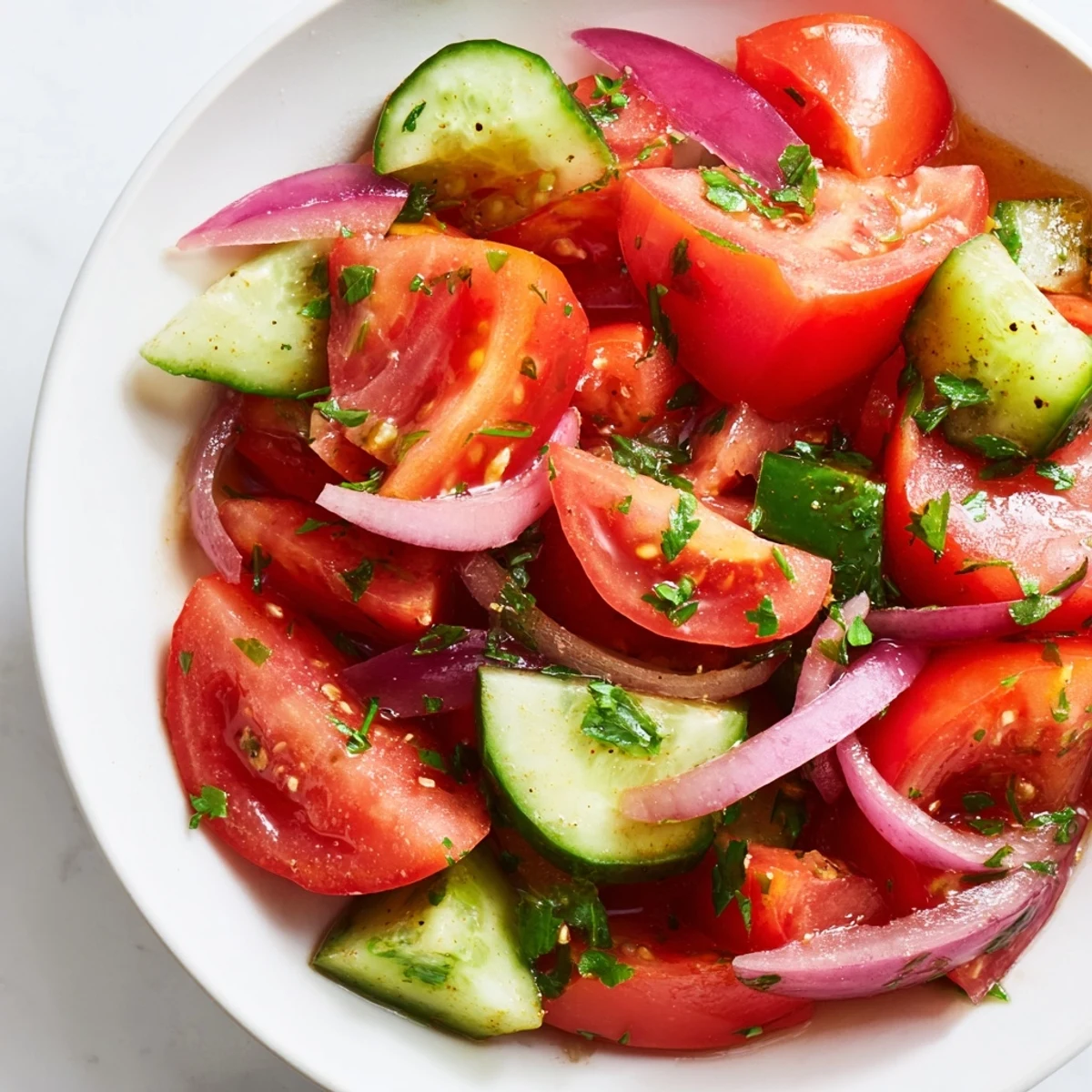 Fresh tomato, cucumber, and onion salad tossed in light olive oil vinaigrette with parsley garnish