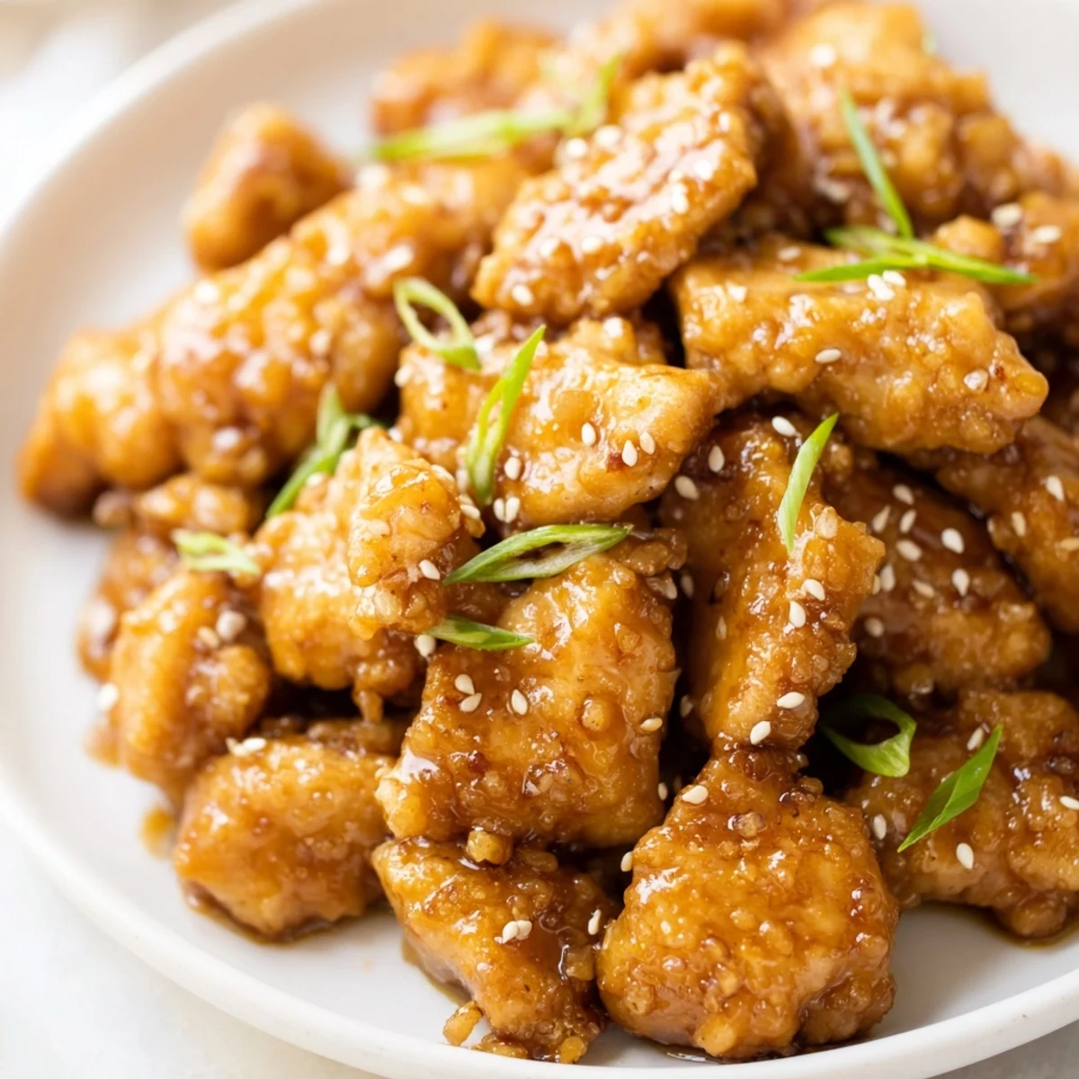 Golden brown honey chicken pieces glazed in a thick, shiny honey sauce, garnished with sesame seeds and green onions