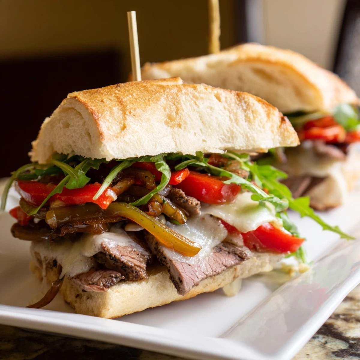 Juicy sliced ribeye steak sandwich with melted provolone and caramelized onions on toasted crusty roll