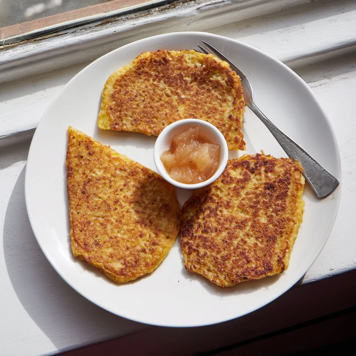 Golden brown German potato pancakes with crispy edges stacked on a serving plate