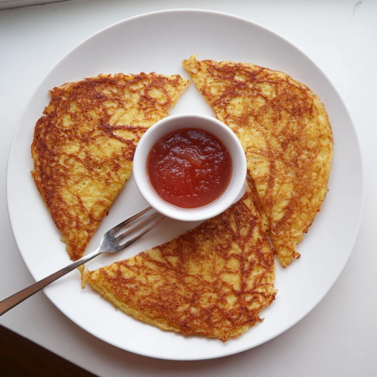 Traditional German potato pancakes fried to perfection with dollops of cool applesauce on side