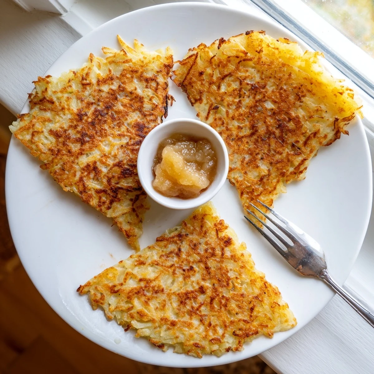 Heap of crispy German potato pancakes drizzled with sour cream and fresh chive garnish