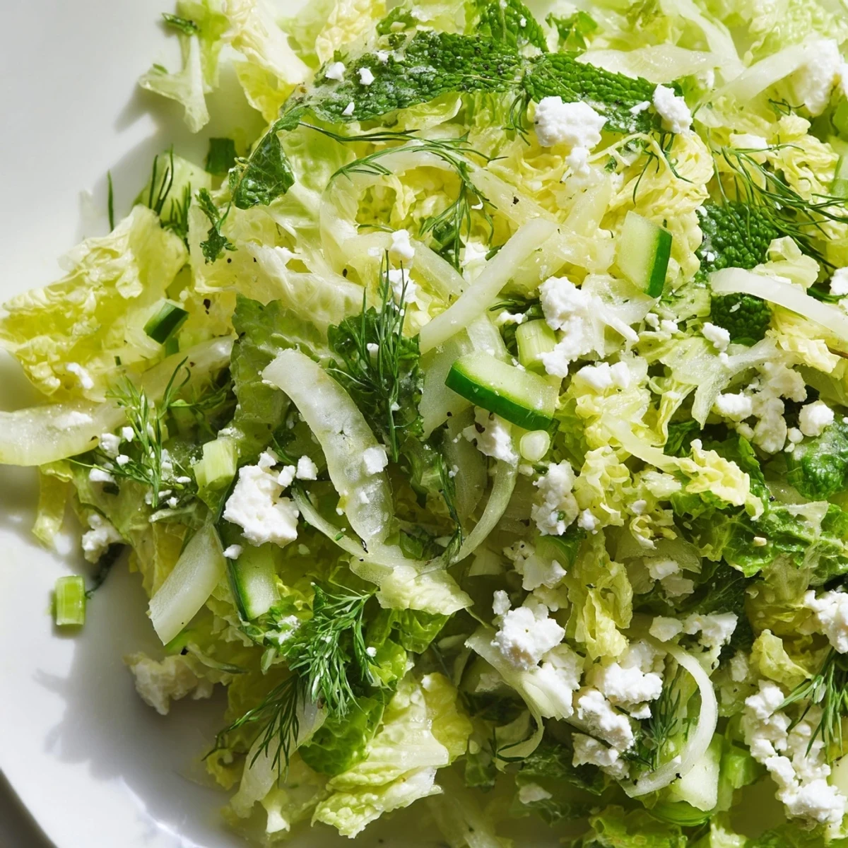 Fresh Greek Maroulosalata salad with crisp romaine lettuce and vibrant green herbs tossed in lemon dressing