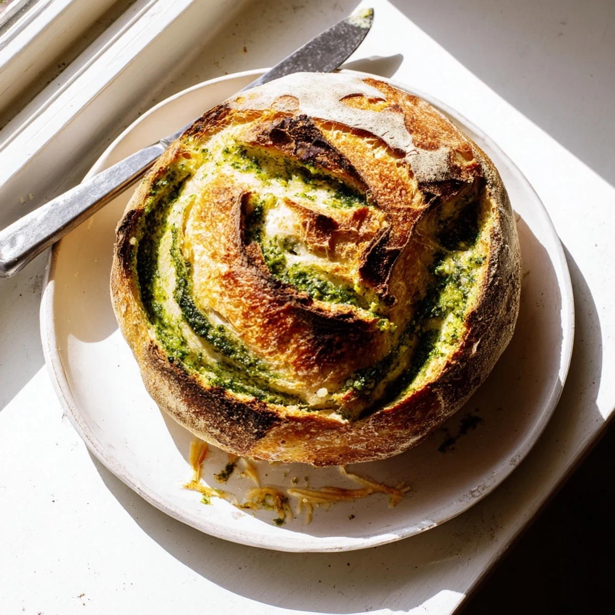 Rustic sourdough loaf swirled with bright green basil pesto and golden melted Parmesan cheese topping
