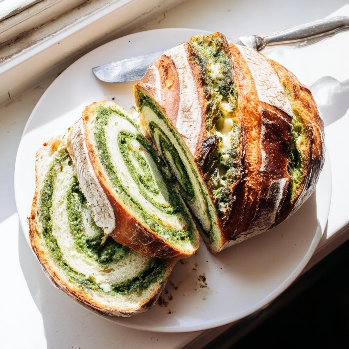 Freshly sliced pesto Parmesan sourdough bread revealing vibrant herb spirals and crispy golden cheese crust