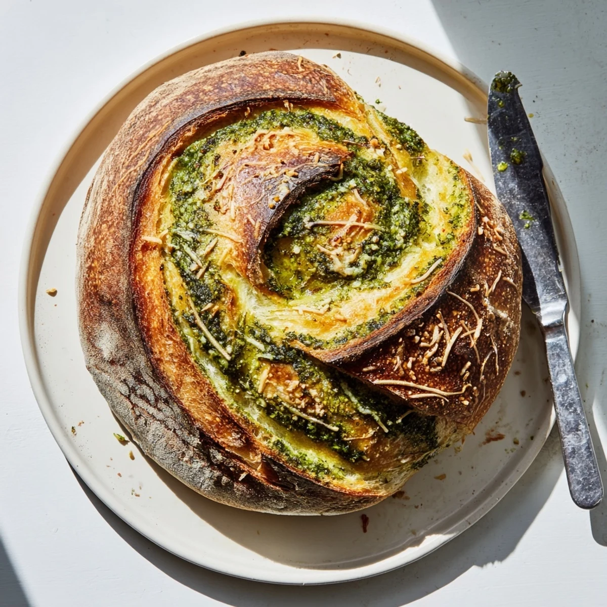 Homemade sourdough bread brushed with olive oil and sprinkled with Parmesan before baking to golden perfection