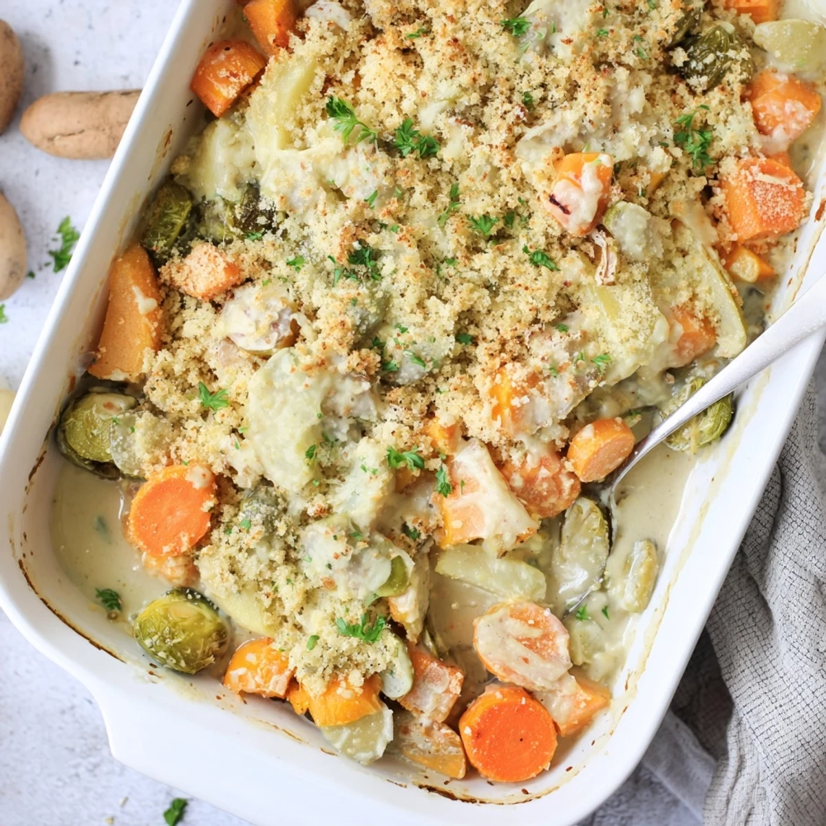 Golden brown creamy winter vegetable casserole with melted Gruyère and crispy breadcrumb topping bubbling in a white baking dish