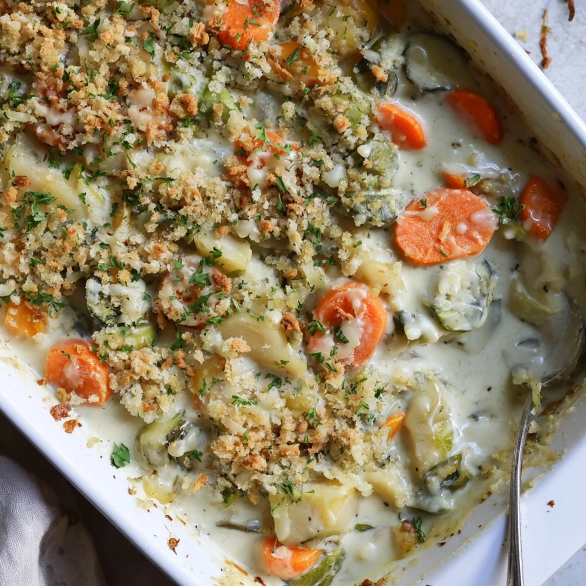 Baked creamy winter vegetable casserole topped with buttery panko breadcrumbs and fresh parsley, ready for serving on a rustic wooden table