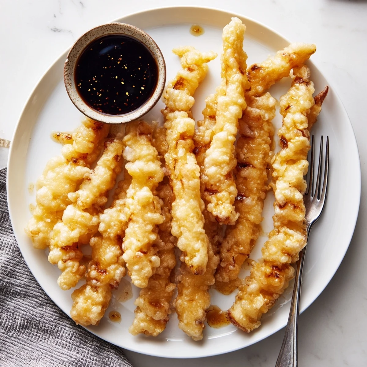 Golden crispy chicken tempura pieces served with tangy soy dipping sauce on white plate