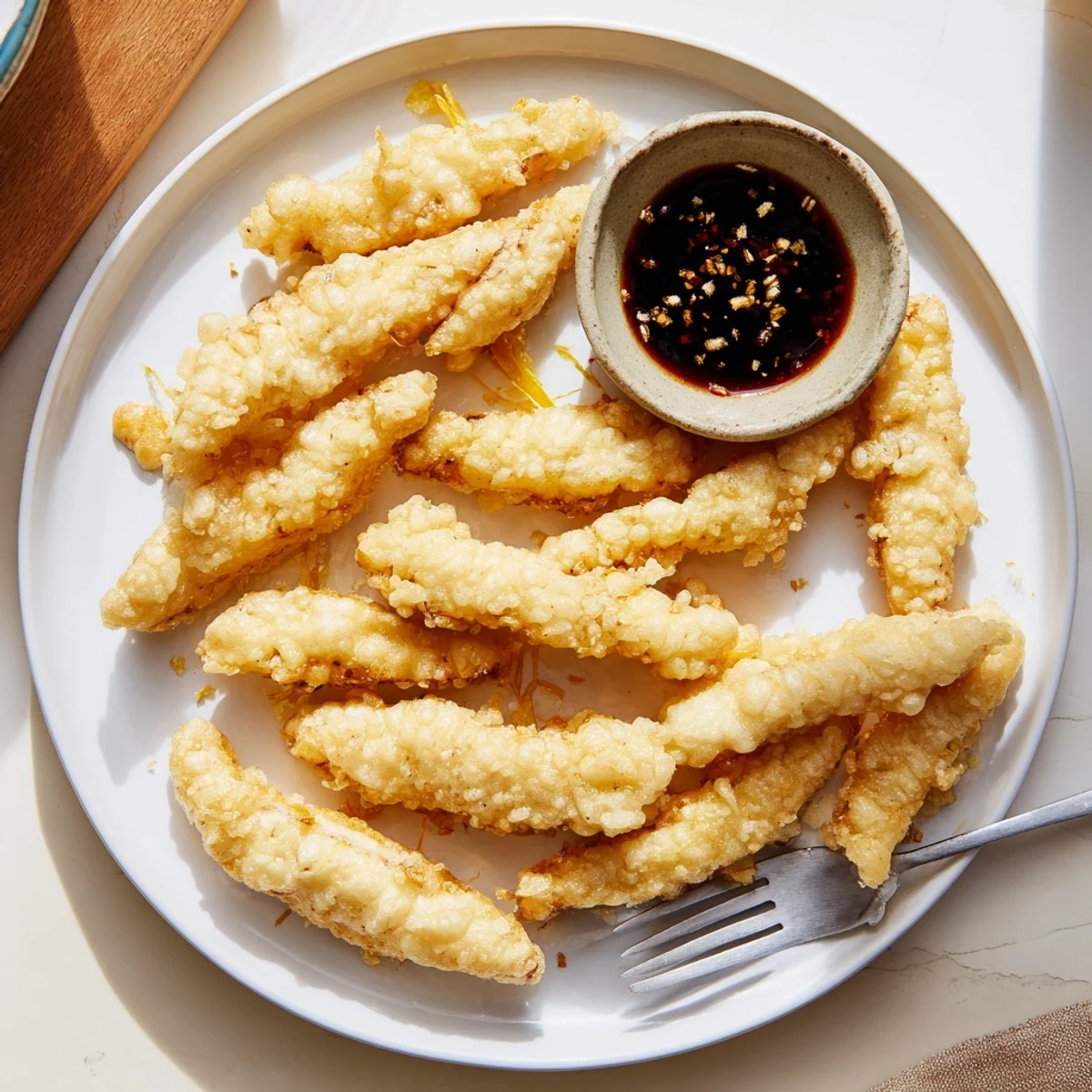 Light and airy battered chicken tempura arranged on platter with small bowl of ginger sauce