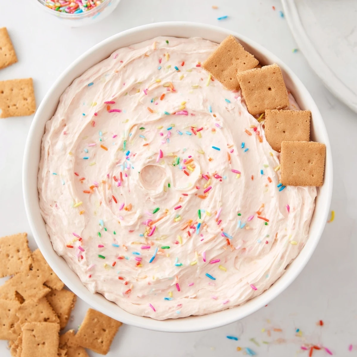 Thick vanilla protein Dunkaroo dip served with graham crackers and animal crackers for dipping