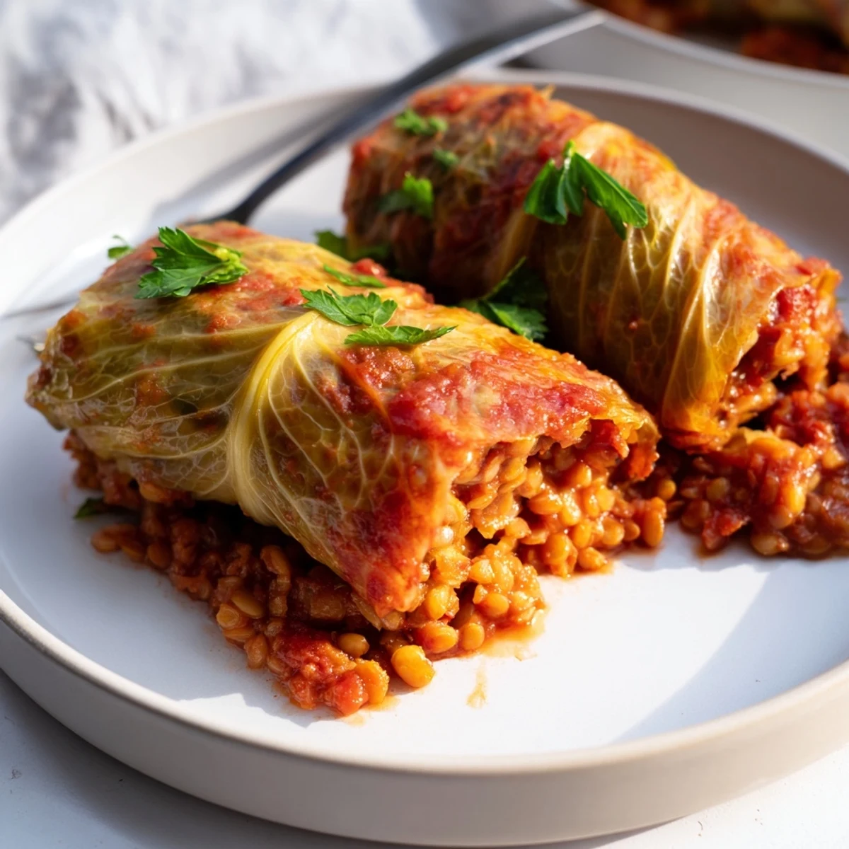 Golden vegan cabbage rolls bubbling in rich tomato sauce with lentil rice filling