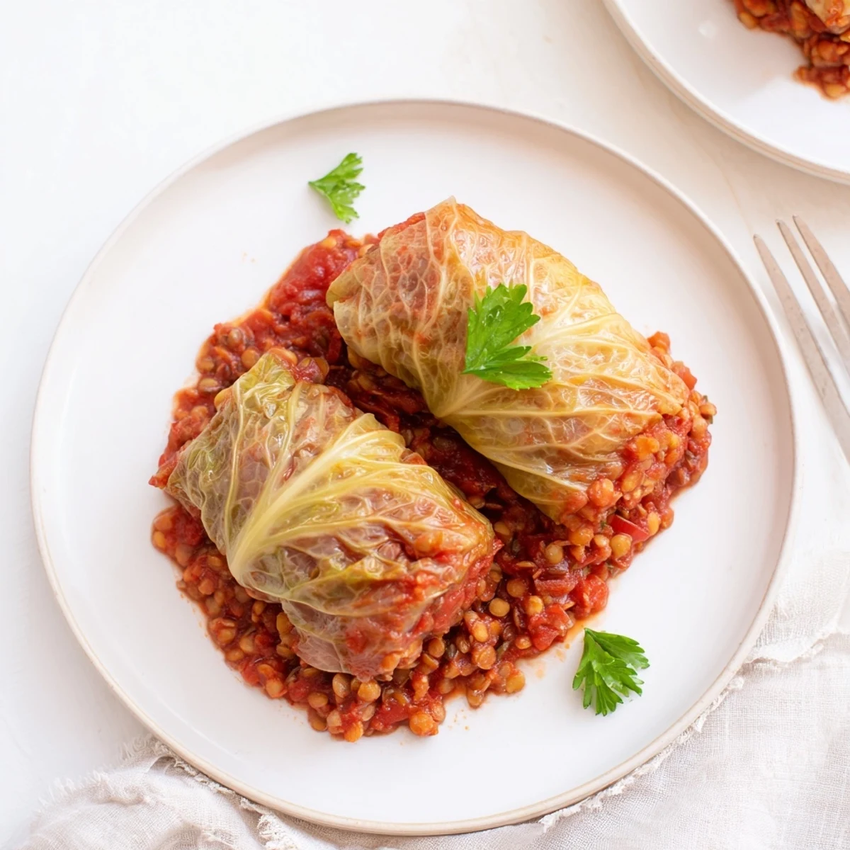 Hearty plant-based cabbage rolls baked in tangy tomato sauce with fresh parsley garnish