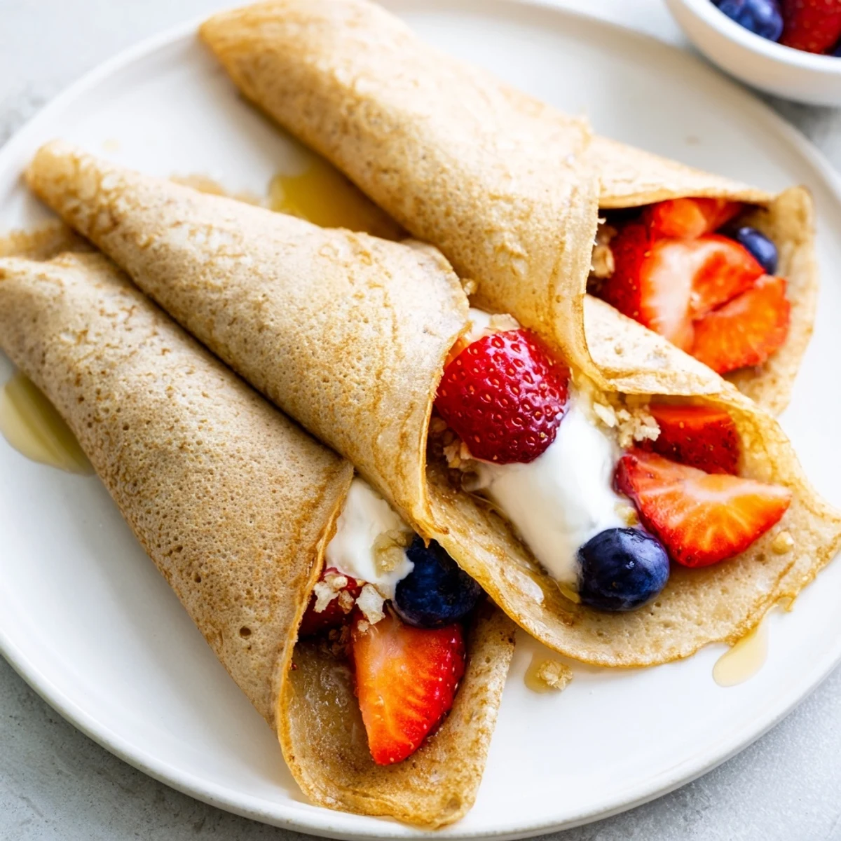 Light and tender healthy oatmeal crepes rolled with banana slices and honey drizzle