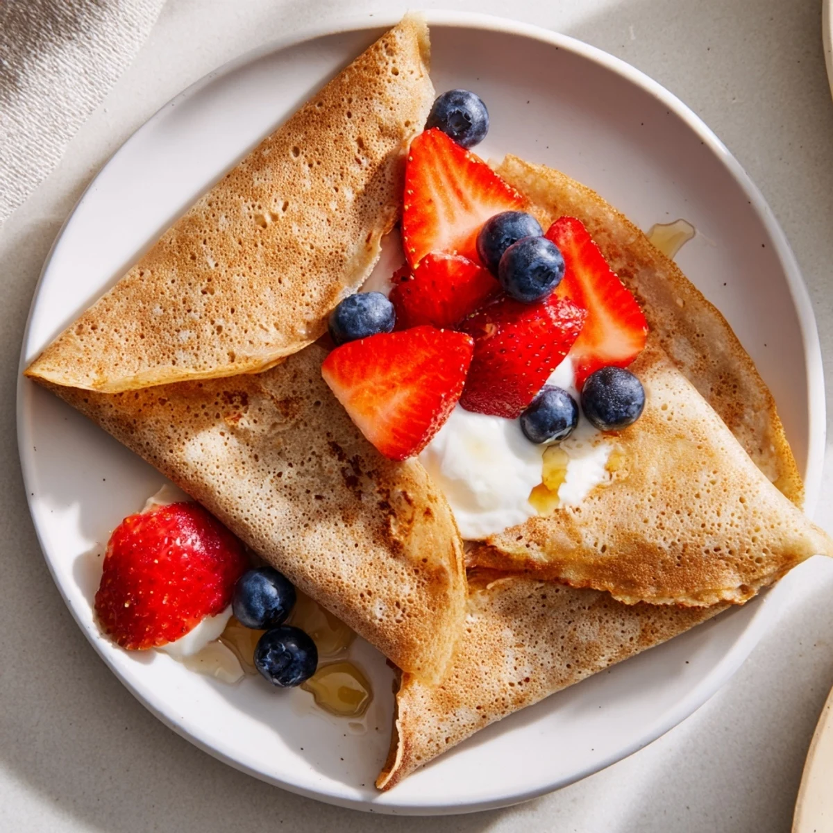 Golden brown healthy oatmeal crepes stacked on a white plate with fresh berries