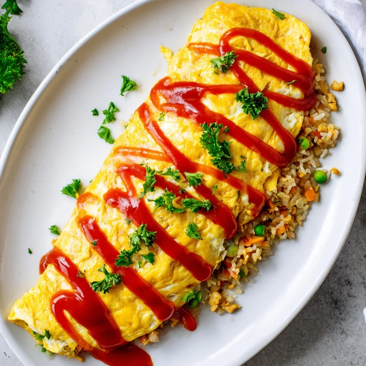 Golden omurice featuring fluffy yellow omelet draped over savory ketchup fried rice