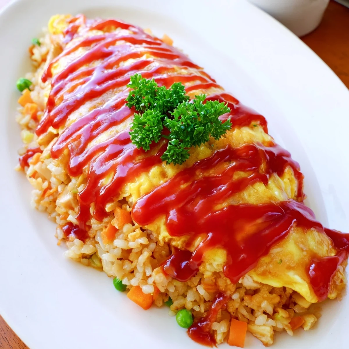 Comforting omurice plate with silky egg blanket covering chicken and vegetable fried rice