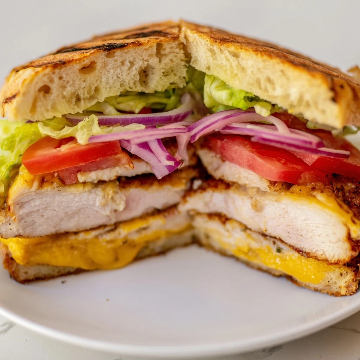 Golden brown grilled chicken sandwich stacked with crisp lettuce and melted cheddar on toasted bun