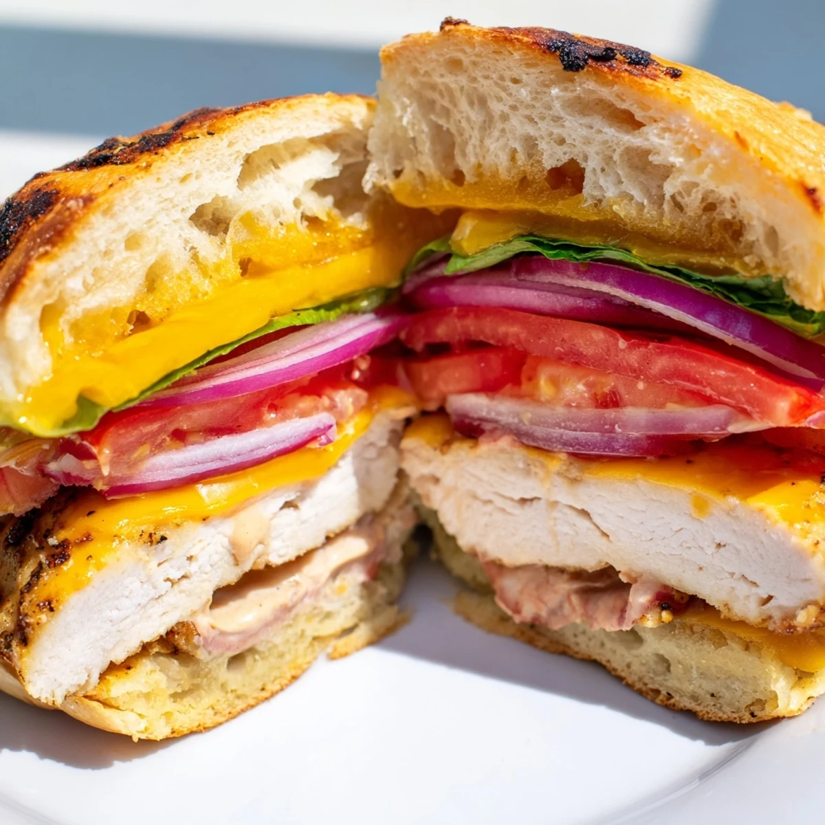 Homemade grilled chicken sandwich featuring juicy seasoned breast with tomato slices and creamy Dijon mayonnaise spread