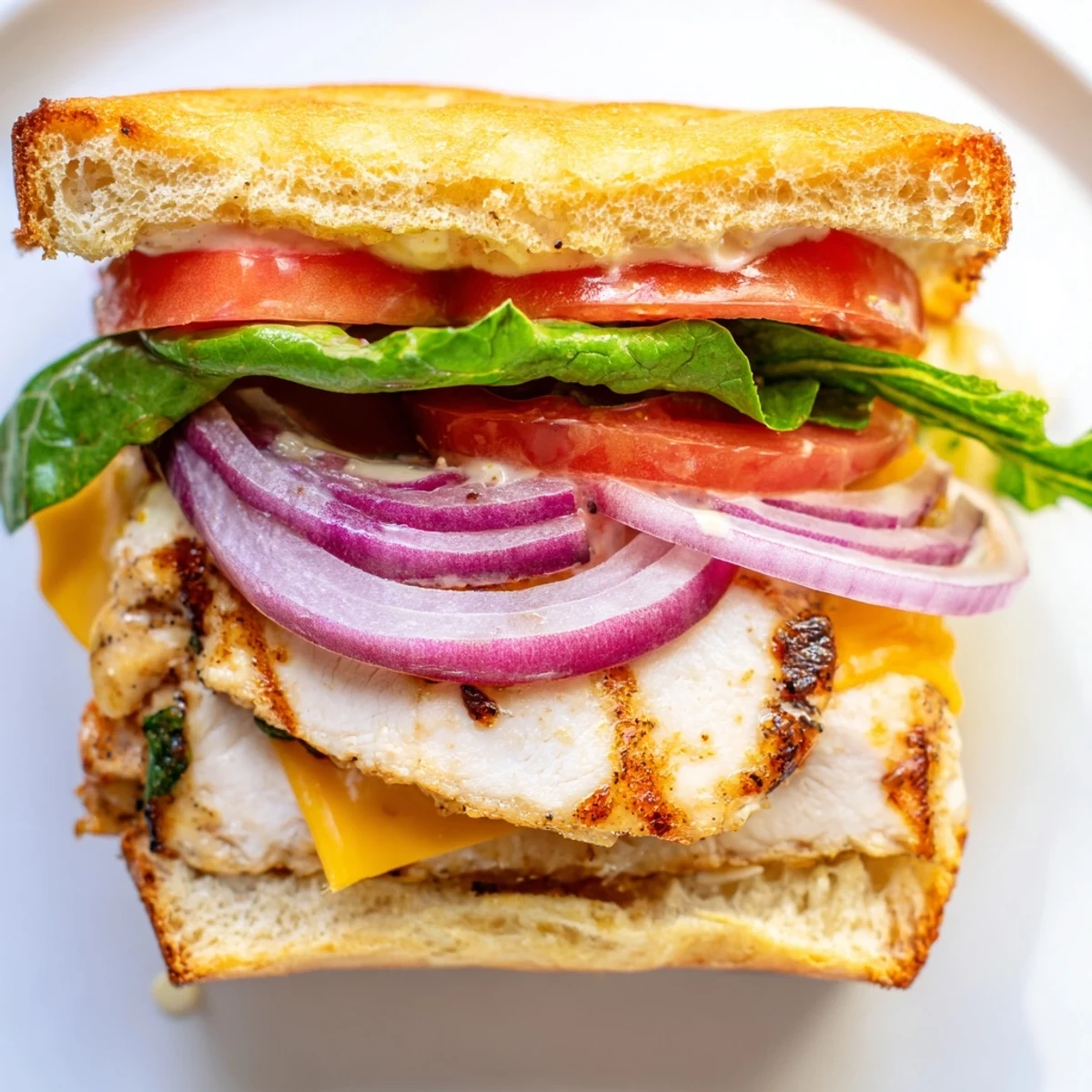 Savory grilled chicken sandwich layered with fresh vegetables and zesty sauce on a lightly toasted roll