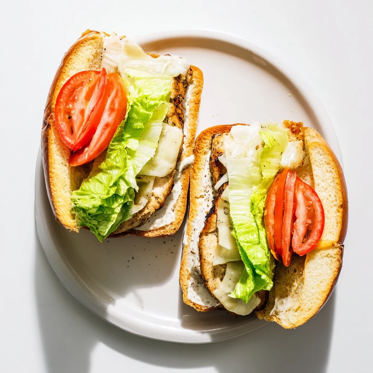 Homemade garlic chicken sandwich stacked high with grilled marinated breast crisp vegetables and tangy mayonnaise