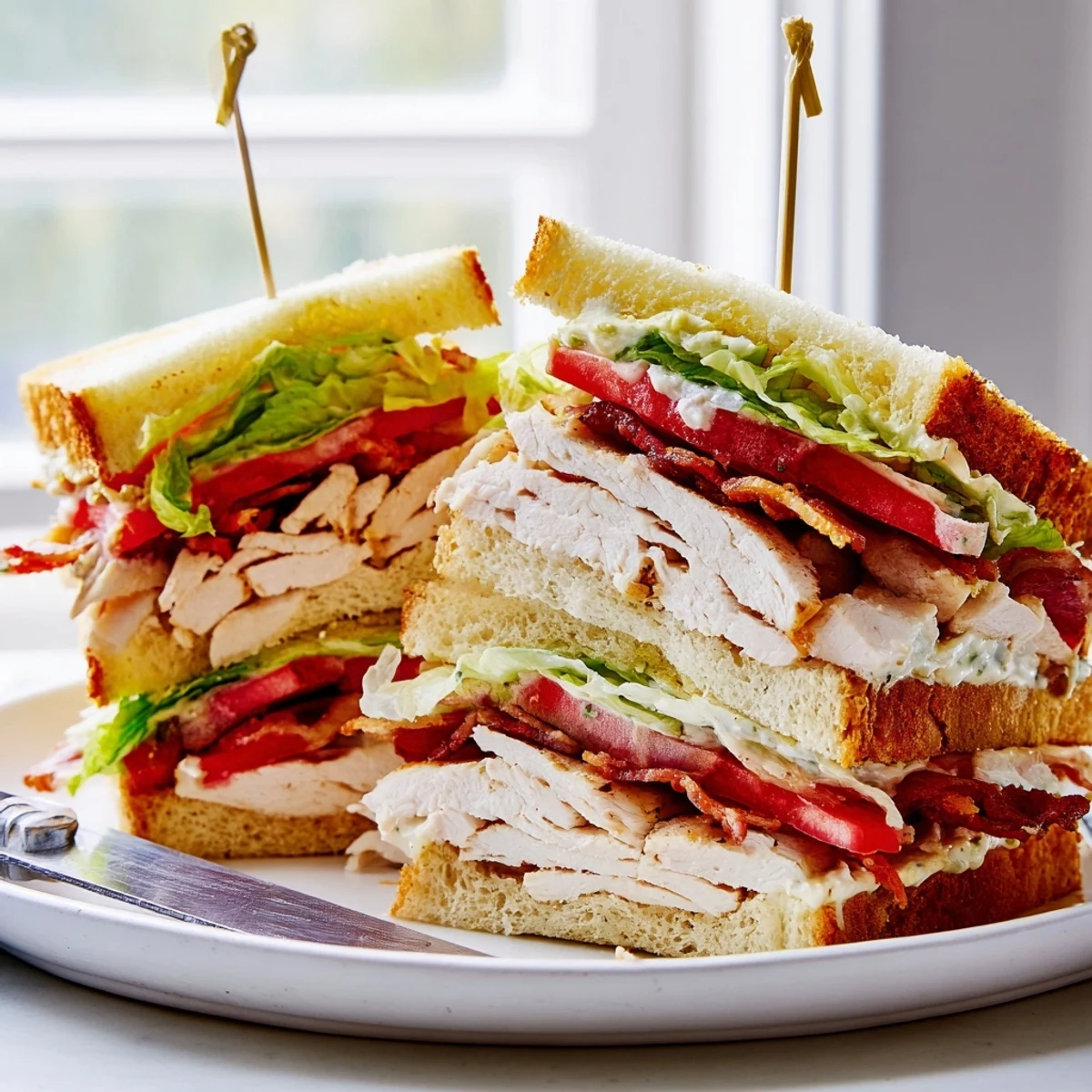 Triple-decker chicken club sandwiches stacked with crispy bacon lettuce tomato and creamy mayo