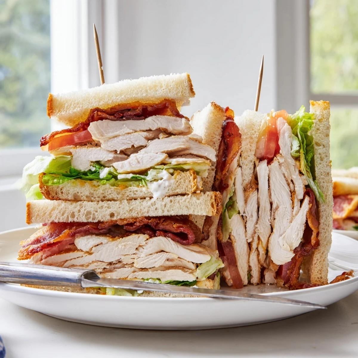 Golden toasted chicken club sandwiches layered with fresh vegetables and savory bacon strips